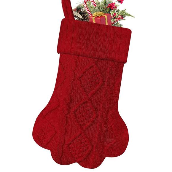 Unbranded Other - Paw Print Pet Christmas Stocking Cable Knit Red Dog Cat Holiday Decor Hanging